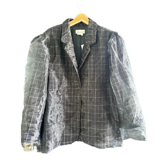 NWT By Anthropologie Women's Navy Plaid Pattern Tulle Overlay Blazer Size XL - Picture 2 of 7